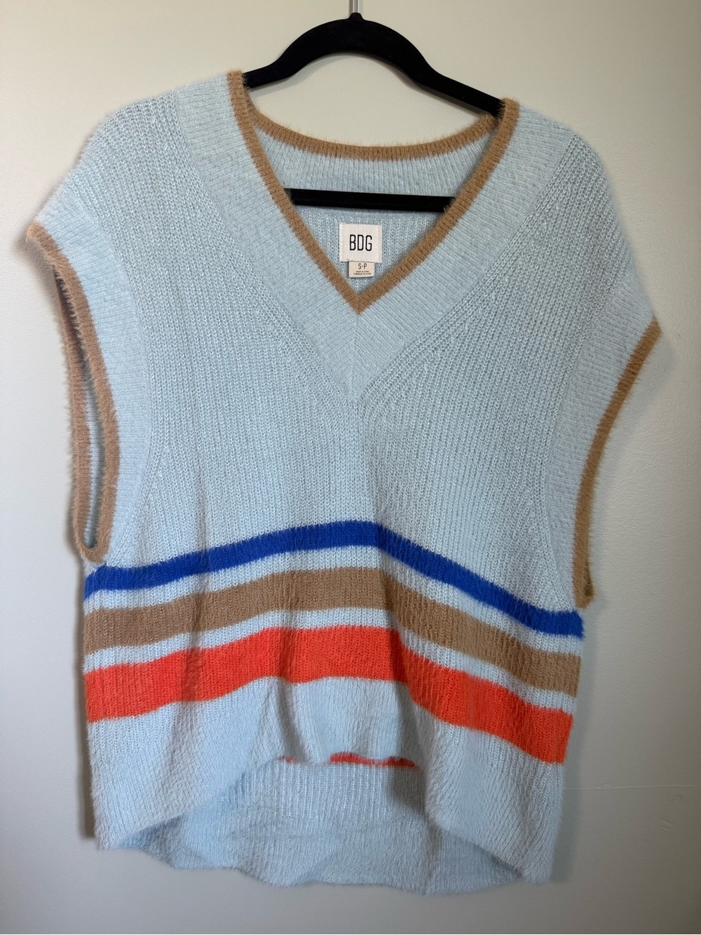 BDG Pale Blue V-Neck Sweater Vest with Blue, Tan, and Coral Stripes